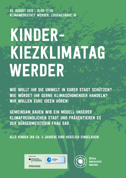 An dieser Stelle ist das Plakat des Kinder-Kiezklimatages 2019 der Klimawerkstatt Werder zu sehen.